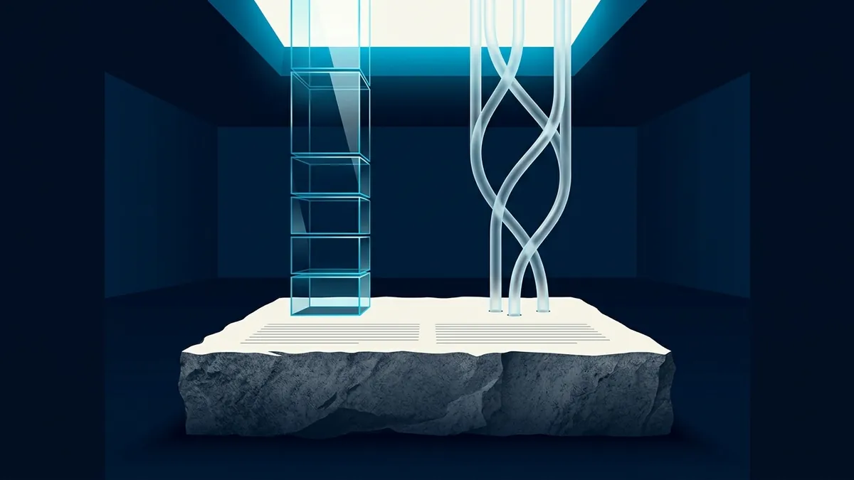 Illustration : un seul bloc de pierre gravé de lignes, d'où s'élèvent une colonne de dalles de verre à gauche et une tresse de tubes de verre à droite, sous une lumière venue du haut.